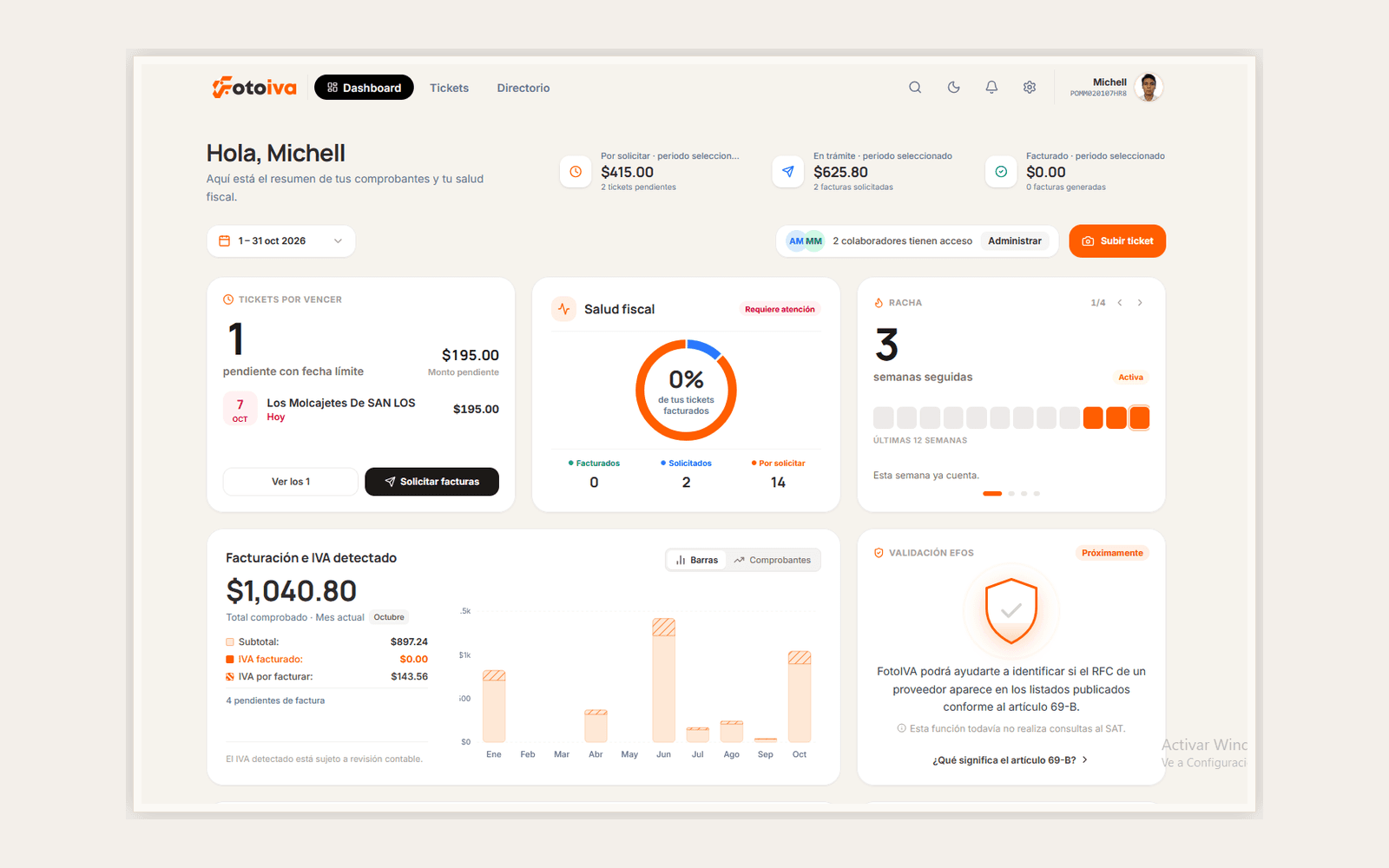 Dashboard principal de cliente en FotoIVA